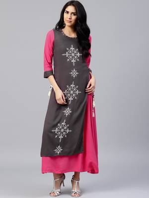 Shree Women Grey & Mustard Rayon Printed Dress 4