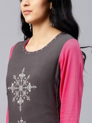 Shree Women Grey & Mustard Rayon Printed Dress 5