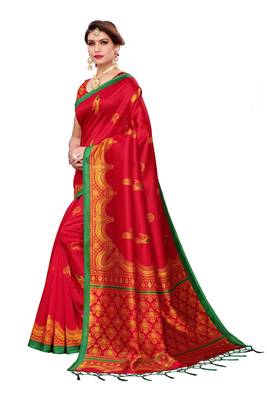 Pink printed art silk saree with blouse 4