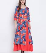 Shree Women Blue & Coral Orange Liva Printed Dress