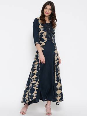 Shree Women Navy & Beige Rayon Printed Dress 1