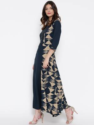 Shree Women Navy & Beige Rayon Printed Dress 3