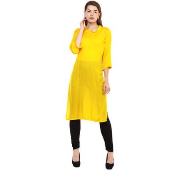 Yellow Plain Rayon Long Kurtis 1