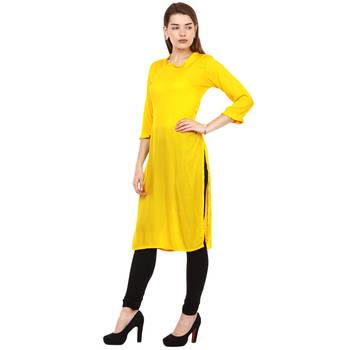 Yellow Plain Rayon Long Kurtis 2