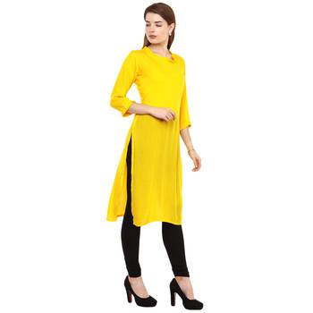 Yellow Plain Rayon Long Kurtis 3