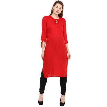 Red Plain Rayon Long Kurtis 1