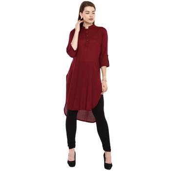 Maroon Plain Rayon Long Kurtis 1