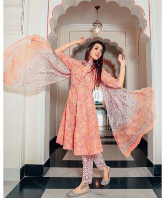 Silk Rose Petal Color Hand Block Printed Cotton Suit 1