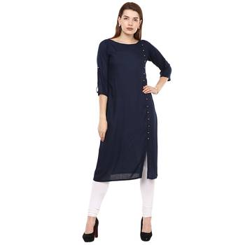 Blue Plain Rayon Long Kurtis 1