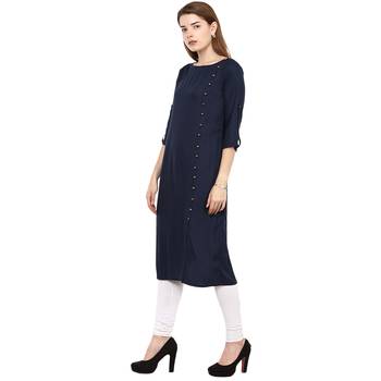 Blue Plain Rayon Long Kurtis 2