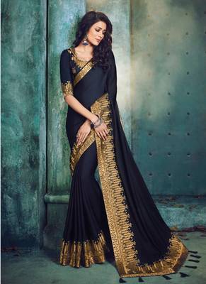 Dark navy blue embroidered silk saree with blouse 1
