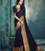Dark navy blue embroidered silk saree with blouse
