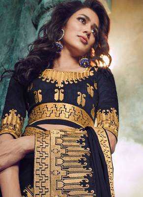 Dark navy blue embroidered silk saree with blouse 2