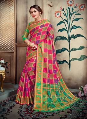 Pink woven silk blend saree with blouse 1