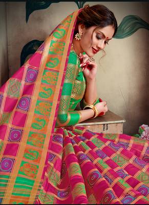 Pink woven silk blend saree with blouse 3