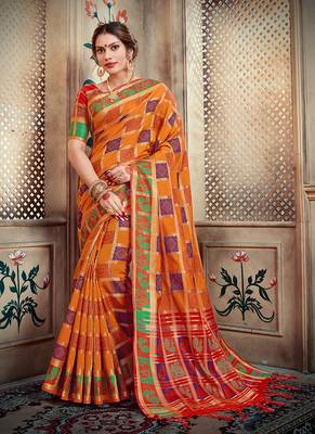 Orange woven silk blend saree with blouse 1