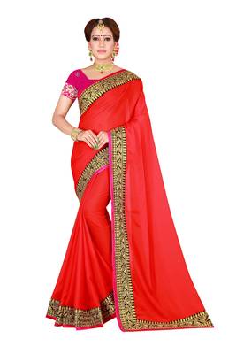 Red embroidered silk saree with blouse 2