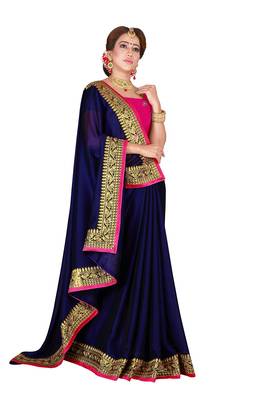 Navy blue embroidered silk saree with blouse 1