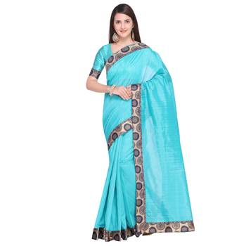 FLORENCE Women's Turquoise Bhagalpuri Silk Printed Saree With Blouse 1