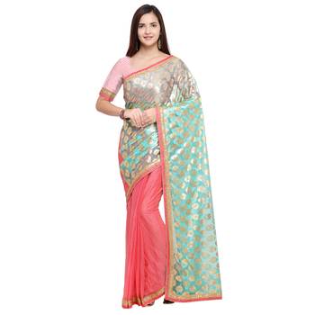 Florence Women's Peach Green Lycra Blend solid Saree With Blouse 1