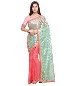 Florence Women's Peach Green Lycra Blend solid Saree With Blouse