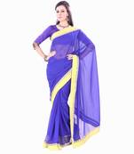 Florence Women's Blue Synthetic Chiffon self design Saree With Blouse