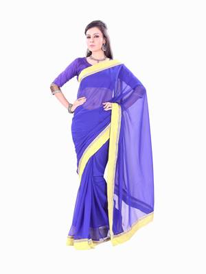 Florence Women's Blue Synthetic Chiffon self design Saree With Blouse 2