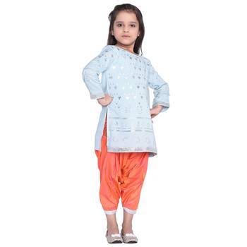 Blue Printed Cotton Kid Kurti With Patilala 1