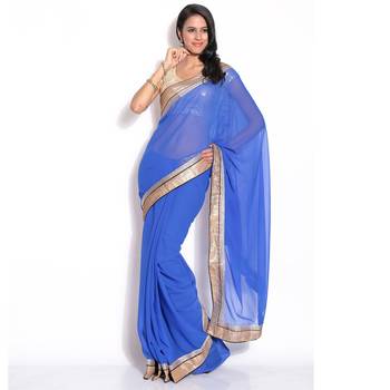 Florence Women's Blue Synthetic Chiffon self design Saree With Blouse 2