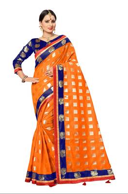 FLORENCE Women's Orange Poly Cotton Saree With Blouse 1