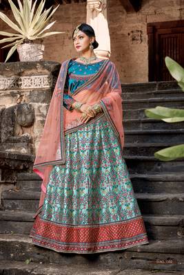 Sky-Blue Embroidered Satin Semi Stitched Lehenga 1