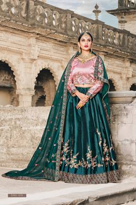 Green Embroidered Satin Semi Stitched Lehenga 1