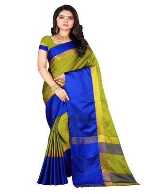 Dark Green Plain Cotton Silk Saree With Blouse 1
