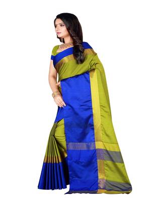 Dark Green Plain Cotton Silk Saree With Blouse 2