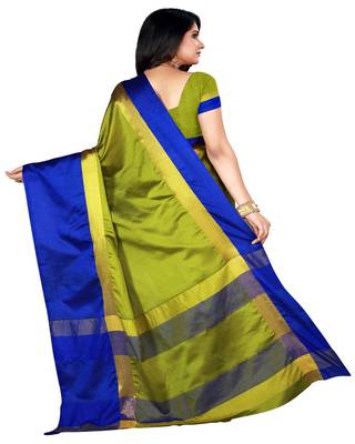 Dark Green Plain Cotton Silk Saree With Blouse 3