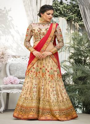 Cream digital print banarasi silk semi stitched lehenga 1