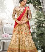 Cream digital print banarasi silk semi stitched lehenga