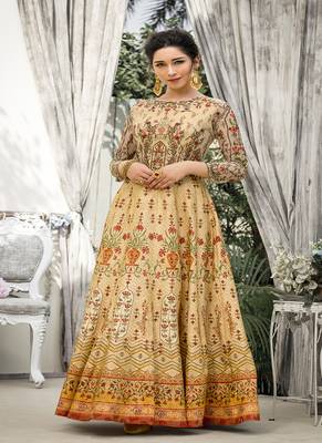 Cream digital print banarasi silk semi stitched lehenga 2
