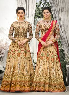 Cream digital print banarasi silk semi stitched lehenga 3