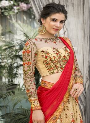 Cream digital print banarasi silk semi stitched lehenga 4