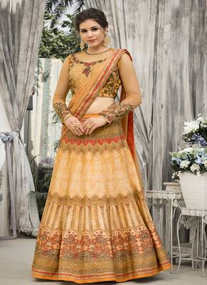 Peach digital print banarasi silk semi stitched lehenga 1