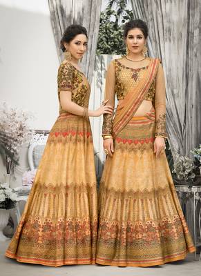 Peach digital print banarasi silk semi stitched lehenga 3