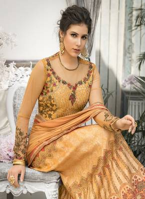 Peach digital print banarasi silk semi stitched lehenga 4