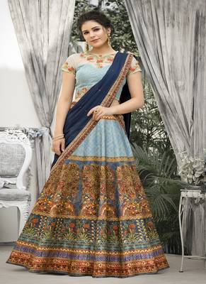 Light-blue digital print banarasi silk semi stitched lehenga 1