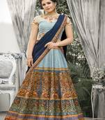 Light-blue digital print banarasi silk semi stitched lehenga
