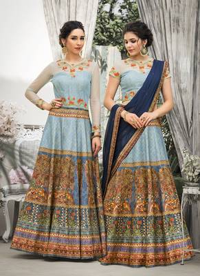 Light-blue digital print banarasi silk semi stitched lehenga 2