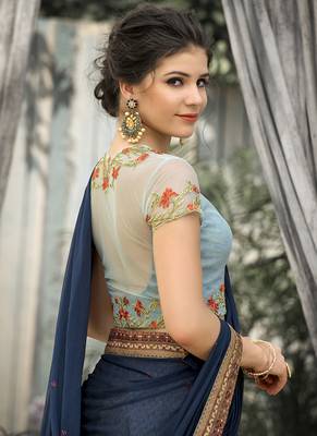 Light-blue digital print banarasi silk semi stitched lehenga 4