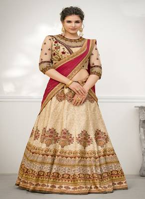 Beige digital print banarasi silk semi stitched lehenga 1