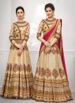 Beige digital print banarasi silk semi stitched lehenga 2