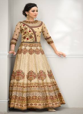 Beige digital print banarasi silk semi stitched lehenga 3